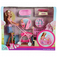 Simba 10 5730861 Кукла Штеффи в наборе с младенцем, мебелью и аксессуарами